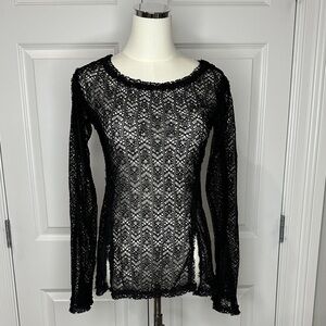 Free People Boho Black Crochet Lace Sheer Knit Mesh Slit Chic Top Blouse Size S